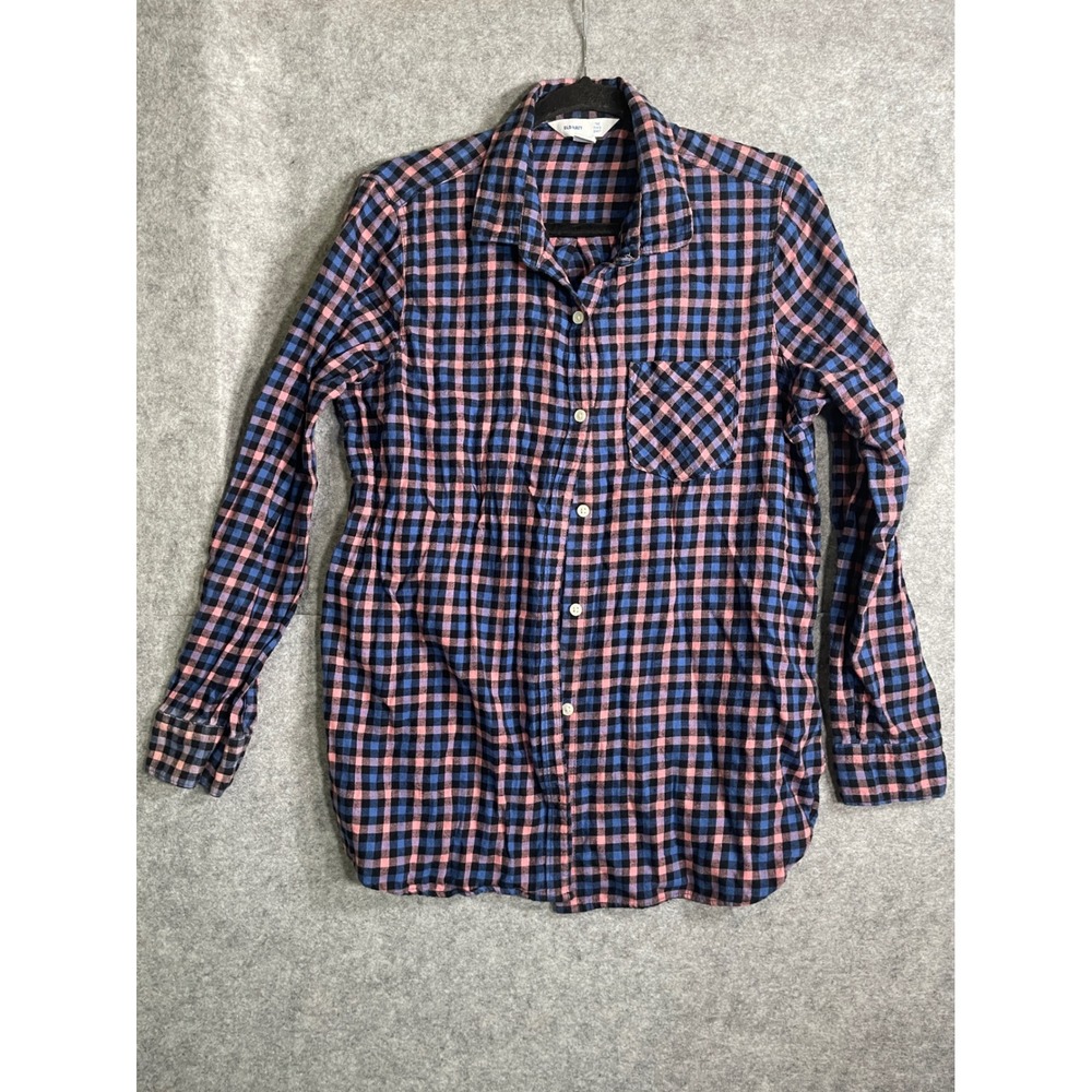 Old Navy The Tunic Shirt Womens Large Blue Pink Plaid Flannel Button Up Cotton